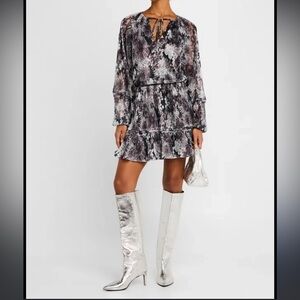 Black Grey Snakeskin Print Drop waist flounce Skirt flowy long sleeve dress XS